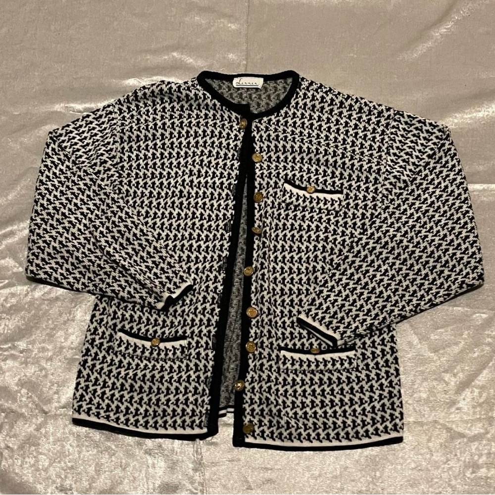 Vintage Lerner Black and White Cardigan with Gold Buttons